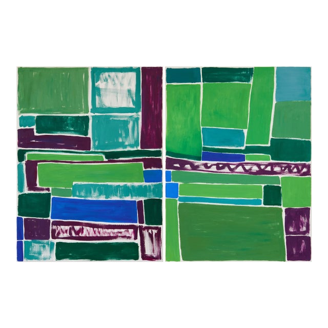 "Squares / Green Purple" Large Abstract Painting by Simon Findlay - Set of 2 For Sale