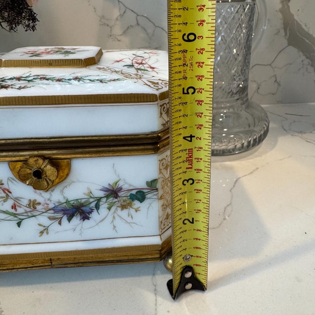 Vintage or Antique Possibly 19th Century White Opaline Glass Jewelry Casket Box Hand Painted Floral Decor & Gilt Bronze 6.25"x4.75"x5.25"h For Sale - Image 13 of 18