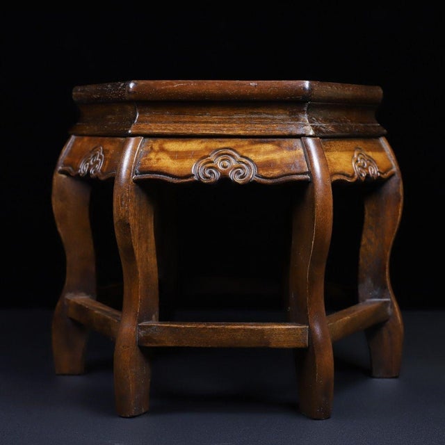 Vintage Chinese Huali Rosewood Mother-of-Pearl Inlaid "Fish & Lotus" Hexagonal Stool For Sale - Image 9 of 10