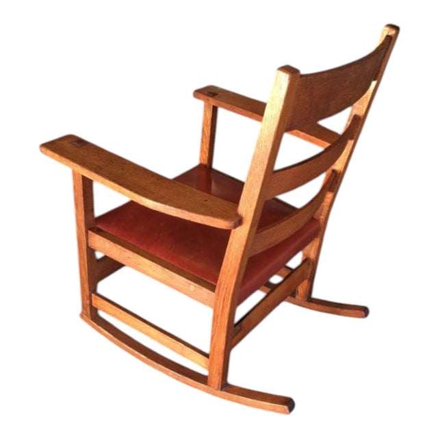 L & J. G. Stickley Oak Rocking Chair With Cognac Saddle Leather Covered Seat, Circa 1912 - 1920 For Sale - Image 11 of 12