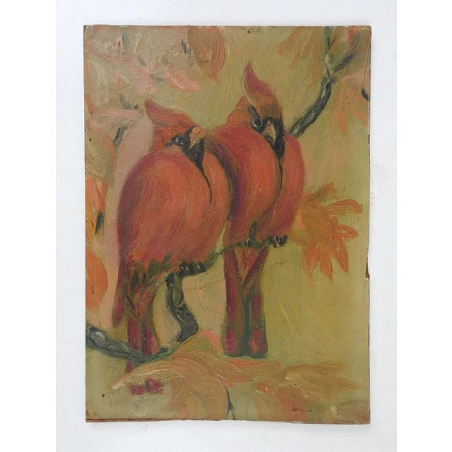 Small vintage oil on artist board painting of a pair of Red Birds or Cardinals. Unsigned. Unframed, edge wear.