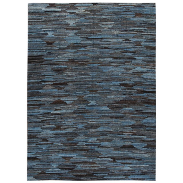 Modern Abstract Flatweave Room Size Wool Rug in Blue For Sale - Image 13 of 13