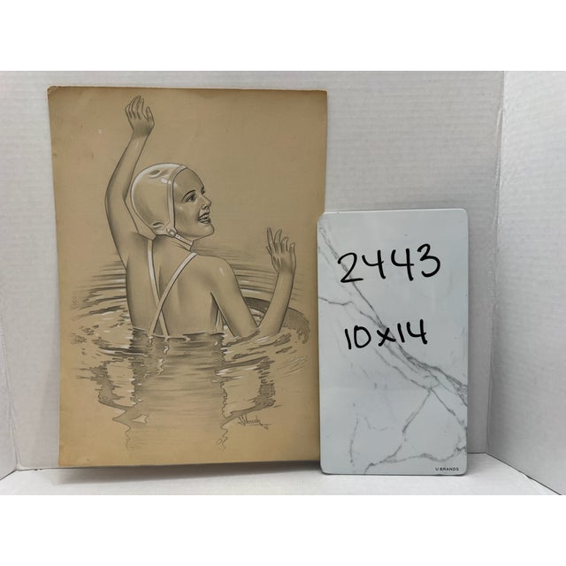 1940s Original Signed Graphite Illustration of Art Deco Swimmer in Water, 14 X 10 In. For Sale In Atlanta - Image 6 of 6