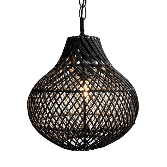 Organic Modern Black Wicker Bawang Pendant Light Small For Sale - Image 4 of 8