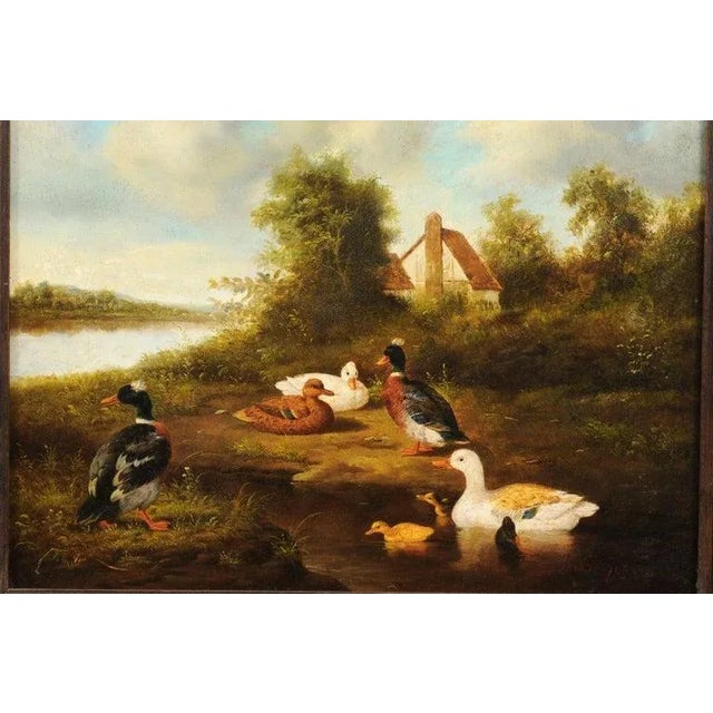 Brown 1850s French Oil on Panel Baryard Painting with Ducks and Vibrant Colors For Sale - Image 8 of 12