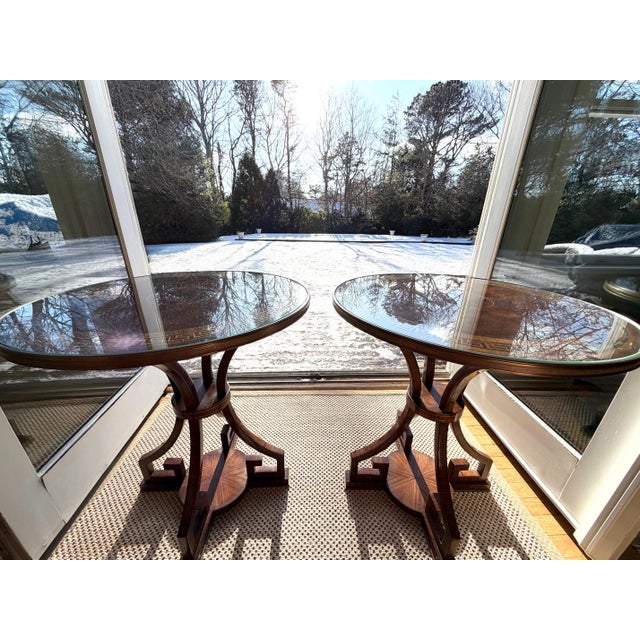 Pair of Burlwood Greek Key Side Tables With Custom Glass Tops For Sale - Image 13 of 18