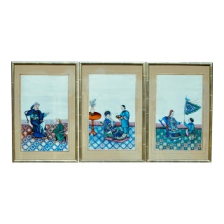 Trio of Fine Chinese Export Paintings on Mulberry Pith Paper, 19th Century For Sale