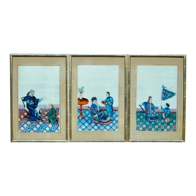 Trio of Fine Chinese Export Paintings on Mulberry Pith Paper, 19th Century For Sale