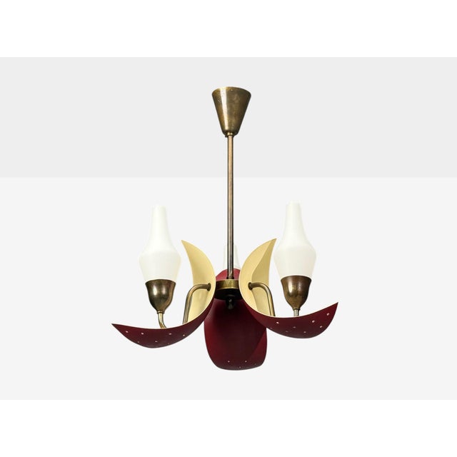 1950s Bent Karlby, Pendant Light, Brass, Red Lacquered Metal, Glass For Sale - Image 4 of 11