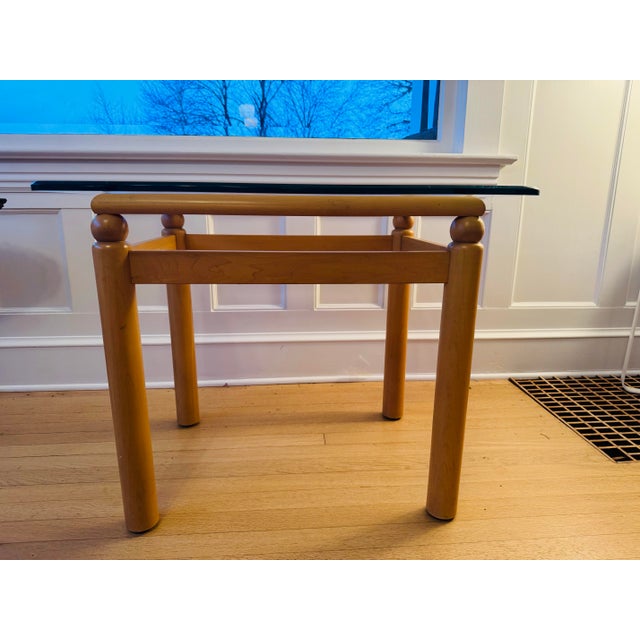 Beautiful Ethan Allen contemporary side table, clean lines of solid light wood and heavy rounded glass top. Light bright...