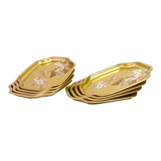 Vintage Chinoiserie Elite Gold Aviary and Blossoms Trays - 8 Pieces For Sale