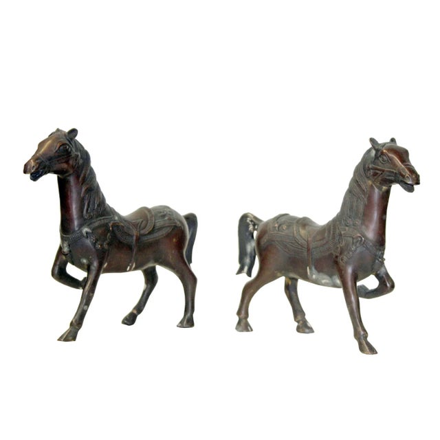 This is a pair of handmade Chinese accent decorative oriental horse figures made of mixed metal in brown bronze color....