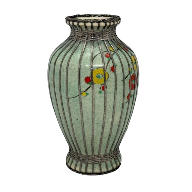 Mid 20th Century Mid 20th Century Japanese Silver Wire Wrapped Hand Painted Pottery Vase With Multicolored Floral Design For Sale - Image 5 of 12