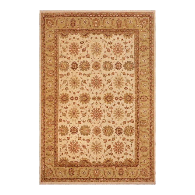 Boho Chic Ziegler Beige Green Hand-Knotted Wool Rug - 10'2'' X 13'9'' For Sale