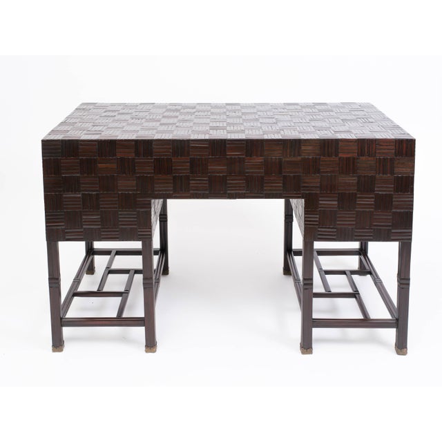 Chocolate 1960's Anglo Chinese Bamboo Parquet Hardwood Campaign Desk For Sale - Image 8 of 11