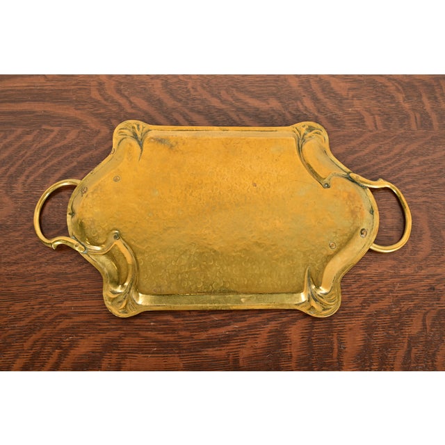 Liberty & Co. Style English Arts & Crafts Hammered Brass Handled Serving Tray For Sale - Image 9 of 11