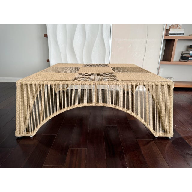 2020s Unique Checkered Handmade Woven Parallel Ropes Checkerboard Plaid Pattern Square Coffee Table by Made Goods For Sale - Image 5 of 12