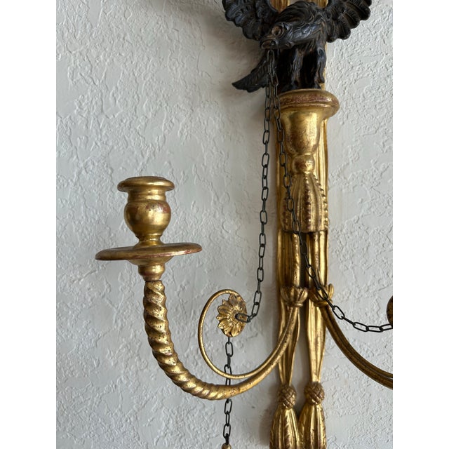 1920s Pair of Antique Italian Carved Wood Candle Power Neoclassical Wall Sconces. For Sale - Image 5 of 7