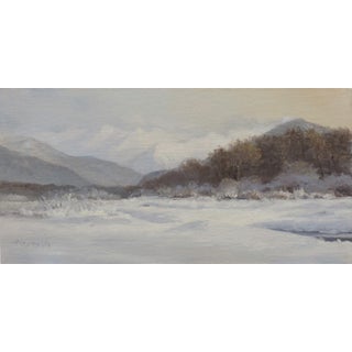 Valley Sunrise Colour Study by Rob Alexander | Oil on linen panel Winter landscape with mountains and trees For Sale