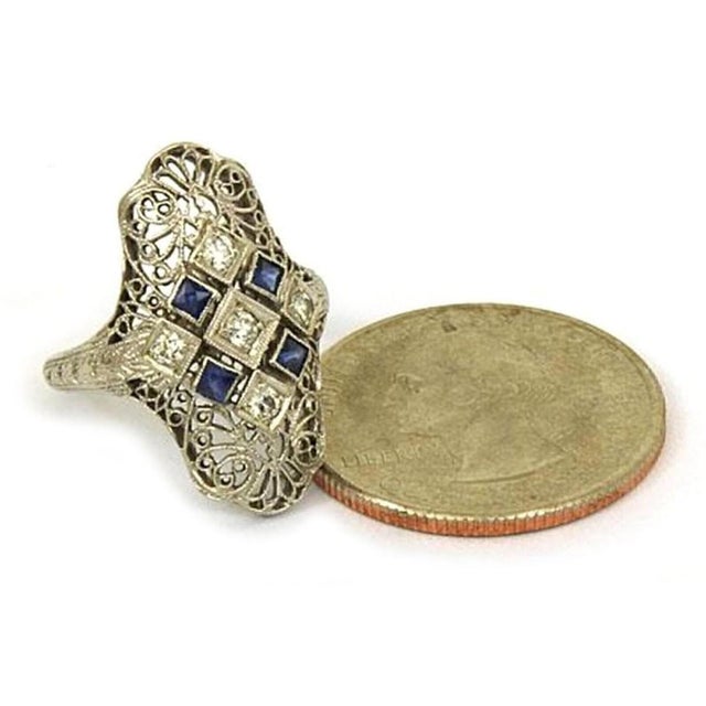 Art Deco Mid 20th Century Art Deco Diamond & Sapphire 18k White Gold Filigree Ring - Size 6 For Sale - Image 3 of 6