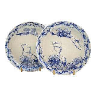 Vintage/Antique Blue and White Chinese Dishes With Cranes - a Pair For Sale