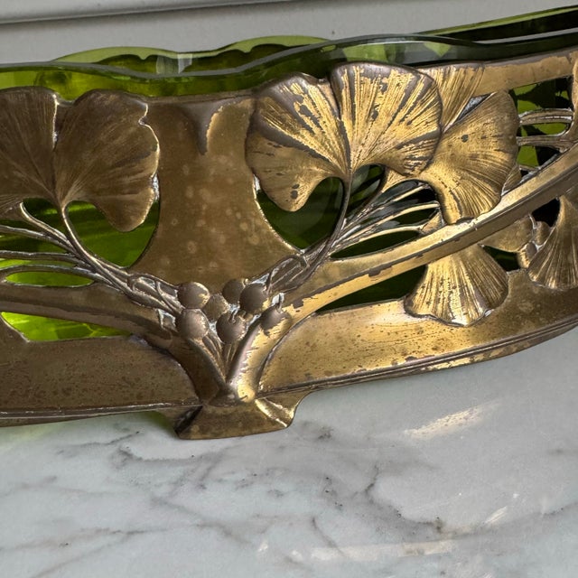 Early 19th Century Vintage Art Nouveau Centerpiece Bowl With Green Glass Insert and Flowing Lines & Ginkgo Leaf Motifs 18.75"x9.5"x4.25" For Sale - Image 5 of 13
