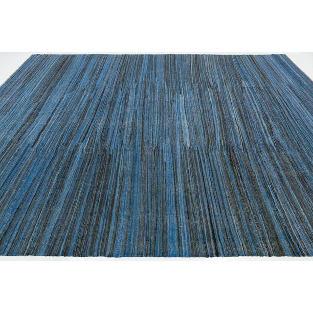 2020s Modern Handmade Flat-Weave Kilim Wool Rug in Indigo & Charcoal Abrash 9x12 For Sale - Image 5 of 12