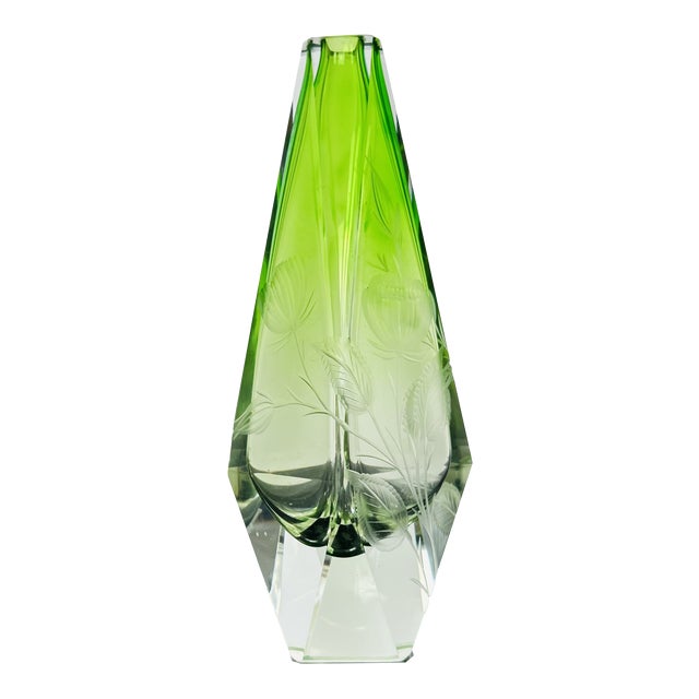 Green Uranium Art Glass Vase with Hand-Engraved Floral Décor from Moser Karlsbad, Czechoslovakia, 1920s For Sale
