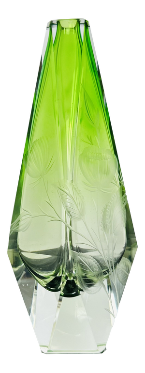 Green Uranium Art Glass Vase with Hand-Engraved Floral Décor from Moser Karlsbad, Czechoslovakia, 1920s