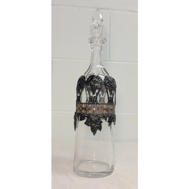 Metal Antique Ornate Silverplate Bronze Over Glass Liquor Carafe Decanter Bottle Jar For Sale - Image 7 of 13