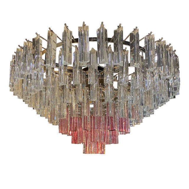 Vintage Clear and Pink Triedro and Quadriedro Murano Glass Chandelier by Simoeng For Sale