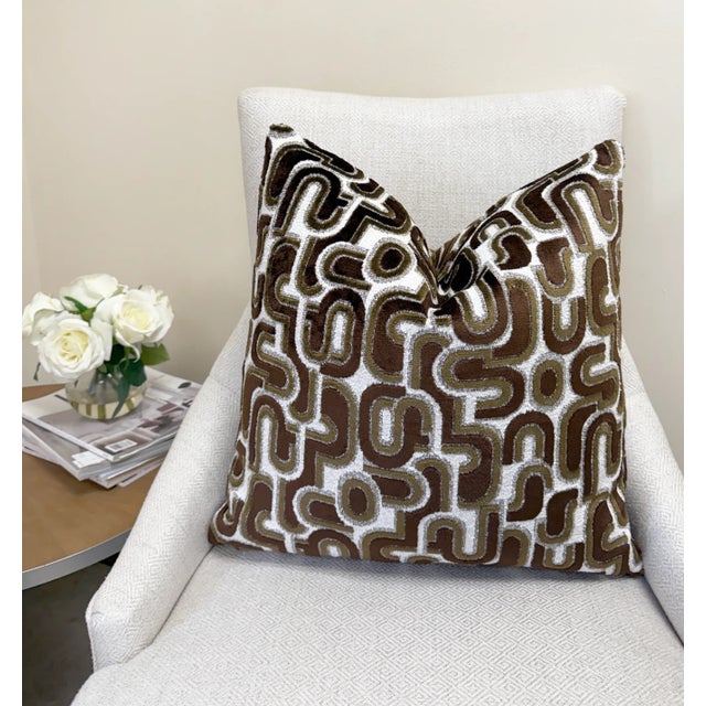 Walnut Groove 22x22 Velvet Pillow With Feather Down Insert For Sale - Image 4 of 4