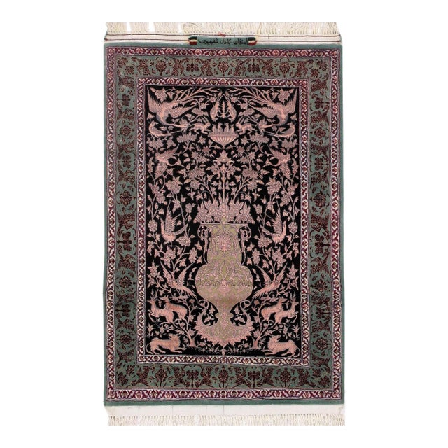 Pasargad DC Black Handmade Silk & Wool Rug For Sale