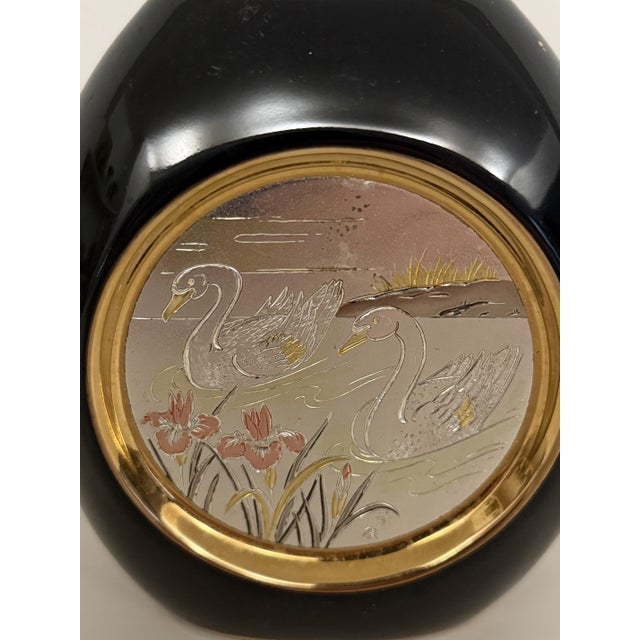 Mid-Century Modern Japanese Black Ikebana Vase with 24k Gilded Swan Motif, 1970s For Sale - Image 3 of 14