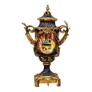 The Gilded Court – French-Inspired Black Porcelain Vase With Romantic Court Scene & Ornate Gold Leaf Details For Sale