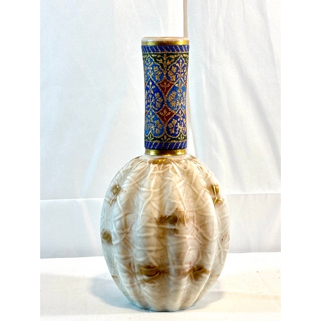Tall Art Glass Vase With Melon Ribbing, Gilt and Enamel Opal Glass Attributed to Harrach, 1880s-1920's. For Sale - Image 12 of 15