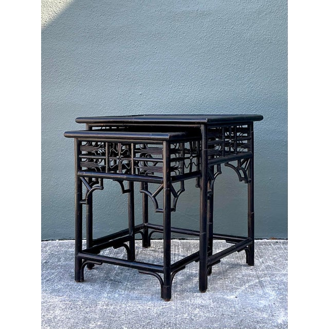 Vintage Fretwork Rattan Nesting Tables - Set of 2 For Sale - Image 4 of 12