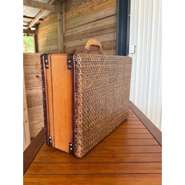 Vintage Rattan Wrapped Decorative Suitcase Trunk For Sale - Image 4 of 12