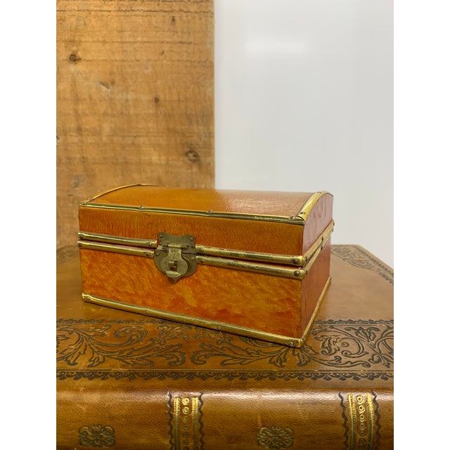 Lacquered Dome-Top Wooden Box Covered in Pigskin with Brass Fittings. Red Dyed Pigskin has Faded Into a Beautiful Shade of...