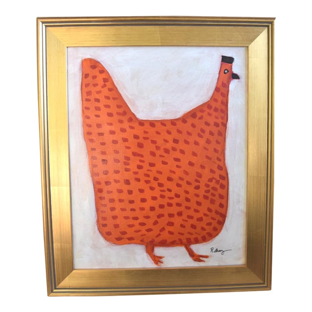 Folk Art Orange Chicken Hen Rooster Painting Ruth Arenz Including the Antiqued Gold Wood Frame For Sale