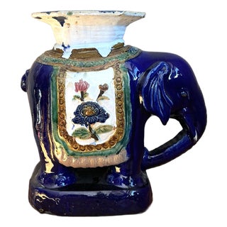 Vintage Painted Terracotta Elephant Low Stool For Sale
