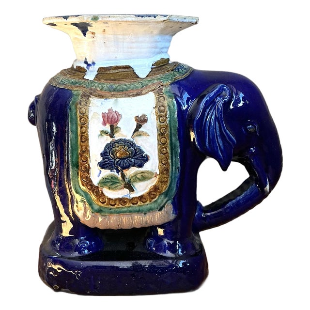 Vintage Painted Terracotta Elephant Low Stool For Sale