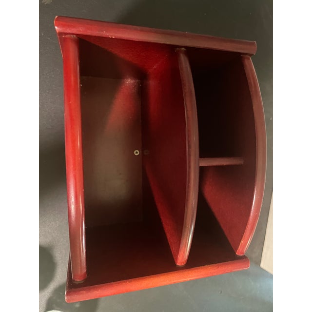Mid-Century Modern Vintage Cherry Wood Lazy Susan Napkin & Condiment Holder With Heart Cutouts For Sale - Image 3 of 7
