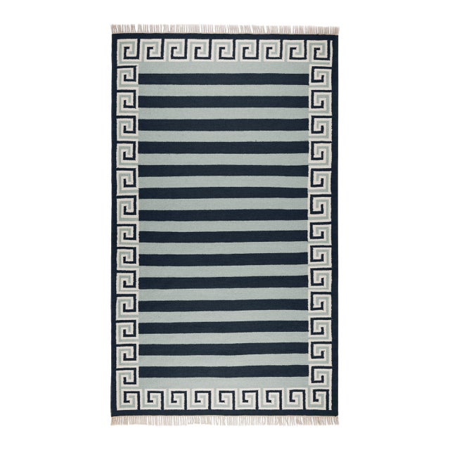 Part & Parcel Goods Wool Stripe Rug, 8' x 10', Sky Blue, Navy and Eggshell For Sale