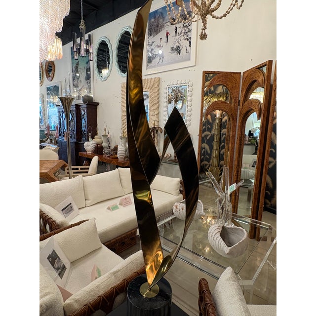Vintage Signed Curtis Jere Brass & Marble Statue Art Eternal Flame For Sale - Image 10 of 12