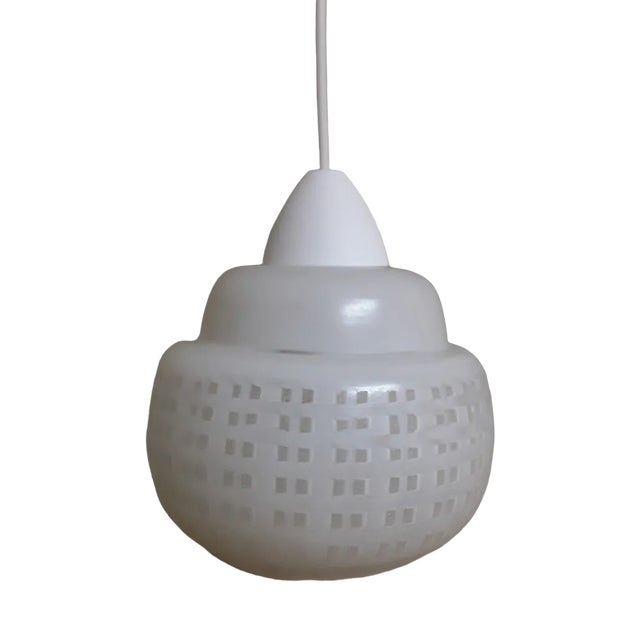 Small Ceiling Lamp with Patterned White Glass Shade with White Plastic Mounting, 1970s For Sale