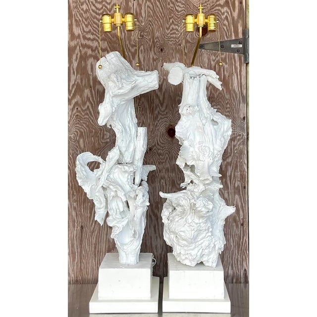 Wood Vintage Boho Monumental Painted Driftwood Table Lamps - a Pair For Sale - Image 7 of 7