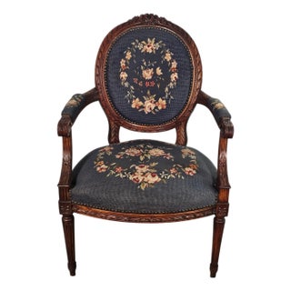 Vintage Louis XVI Needlepoint Accent Chair French Medallion Fauteuil Floral (36.25") For Sale