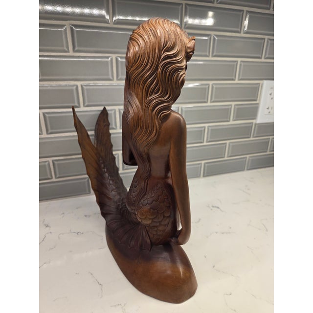 Signed 1950s Monumental Mid-Century Balinese Art Deco Mermaid Hardwood Sculpture by a.a. Fatimah For Sale - Image 4 of 12