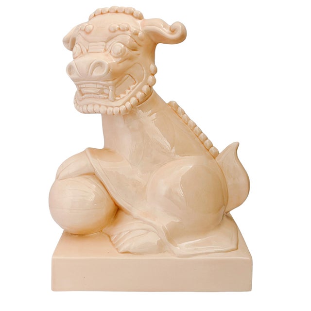 Large Scale Vintage Monochrome Blush Pink Glazed Ceramic Foo Dogs - A Pair For Sale - Image 4 of 17